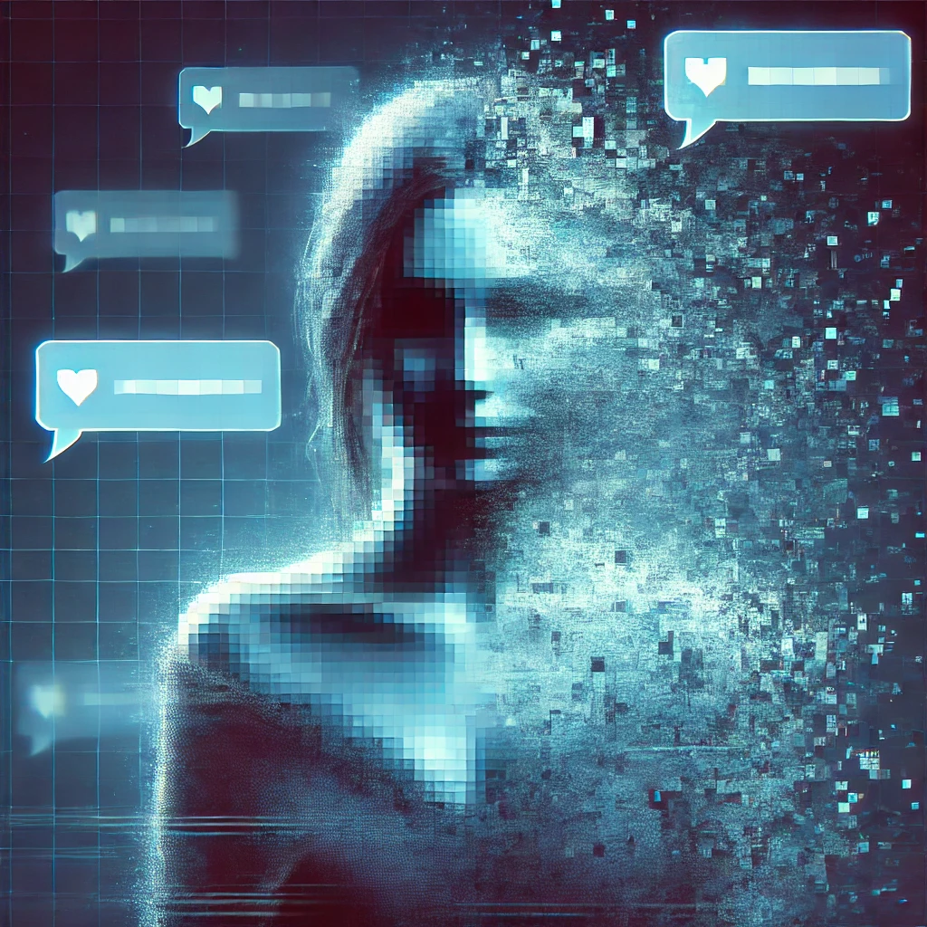 A distressed person fading into a digital screen, symbolizing online ghosting. Their edges appear pixelated, blending into the background with cool blue and purple tones. Floating chat bubbles with unread messages highlight feelings of isolation and emotional impact.