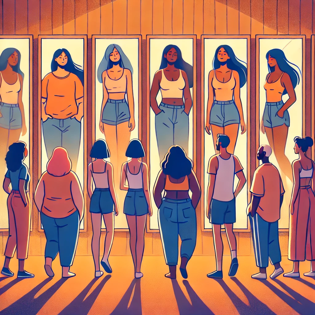 A diverse group of people standing in front of a mirror, seeing positive reflections of themselves, symbolizing self-worth, confidence, and body positivity.